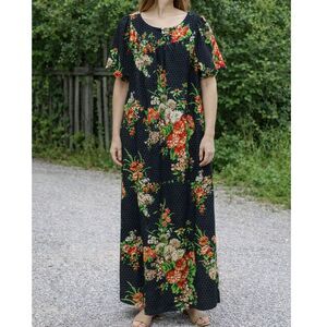 Vintage 70s Hawaiian Muumuu Maxi Dress Floral Black Orange Sz 14